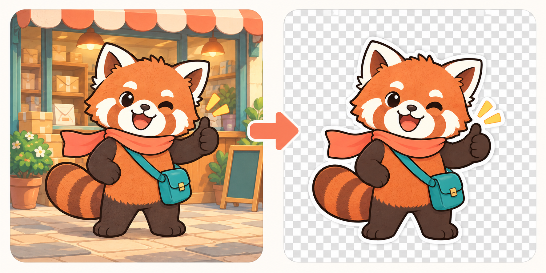 Red panda sticker before and after background removal